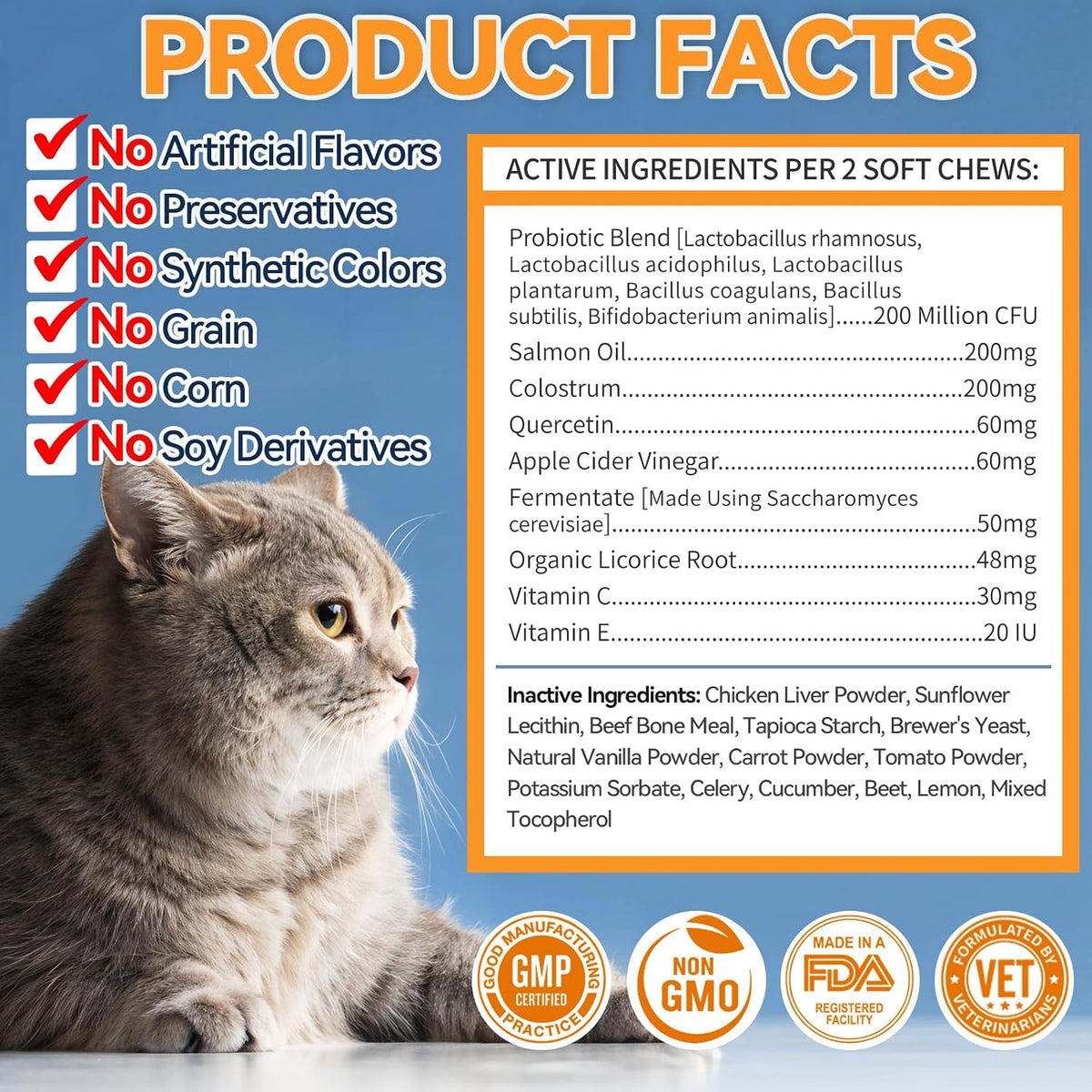 Natural colostrum and quercetin cat supplement for calming dry irritated skin.