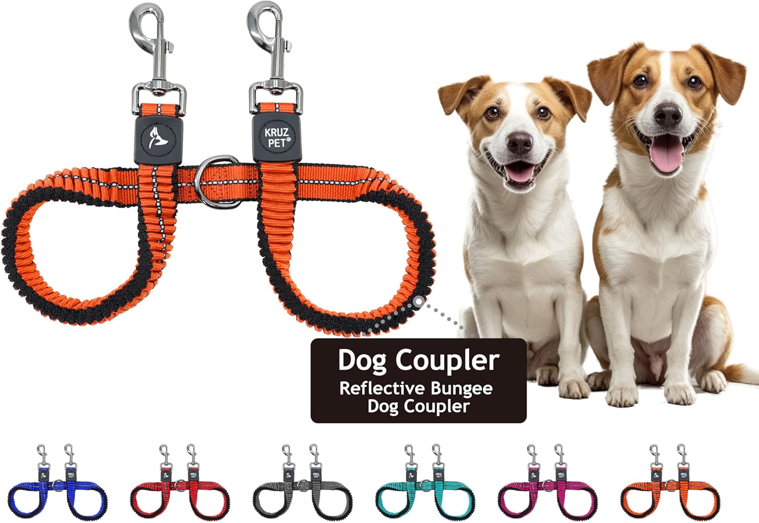 Kruz Pet Double Dog Leash Coupler front view showing orange reflective bungee straps