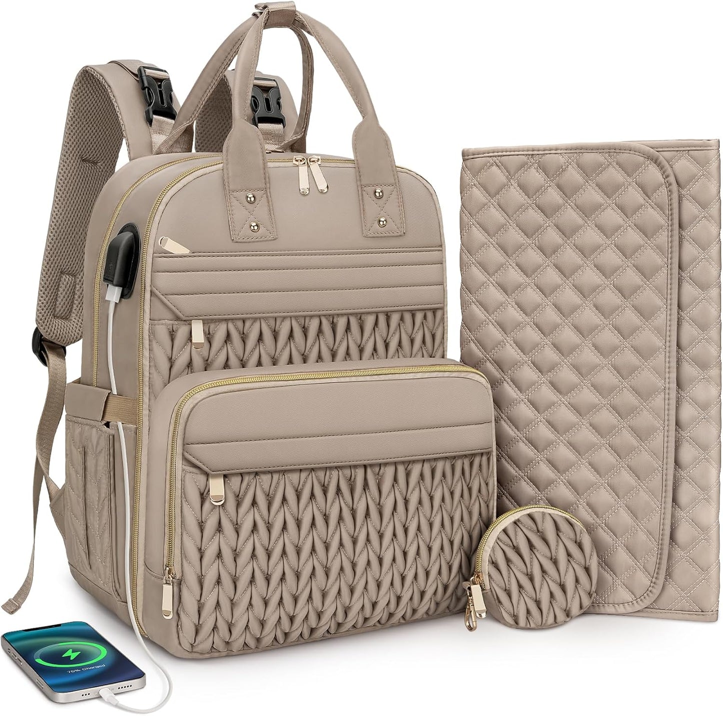 CandyHome diaper bag backpack front view in khaki color showing quilted design