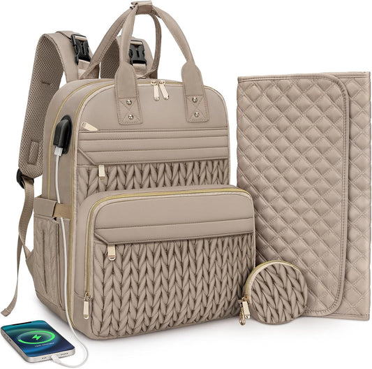 CandyHome diaper bag backpack front view in khaki color showing quilted design