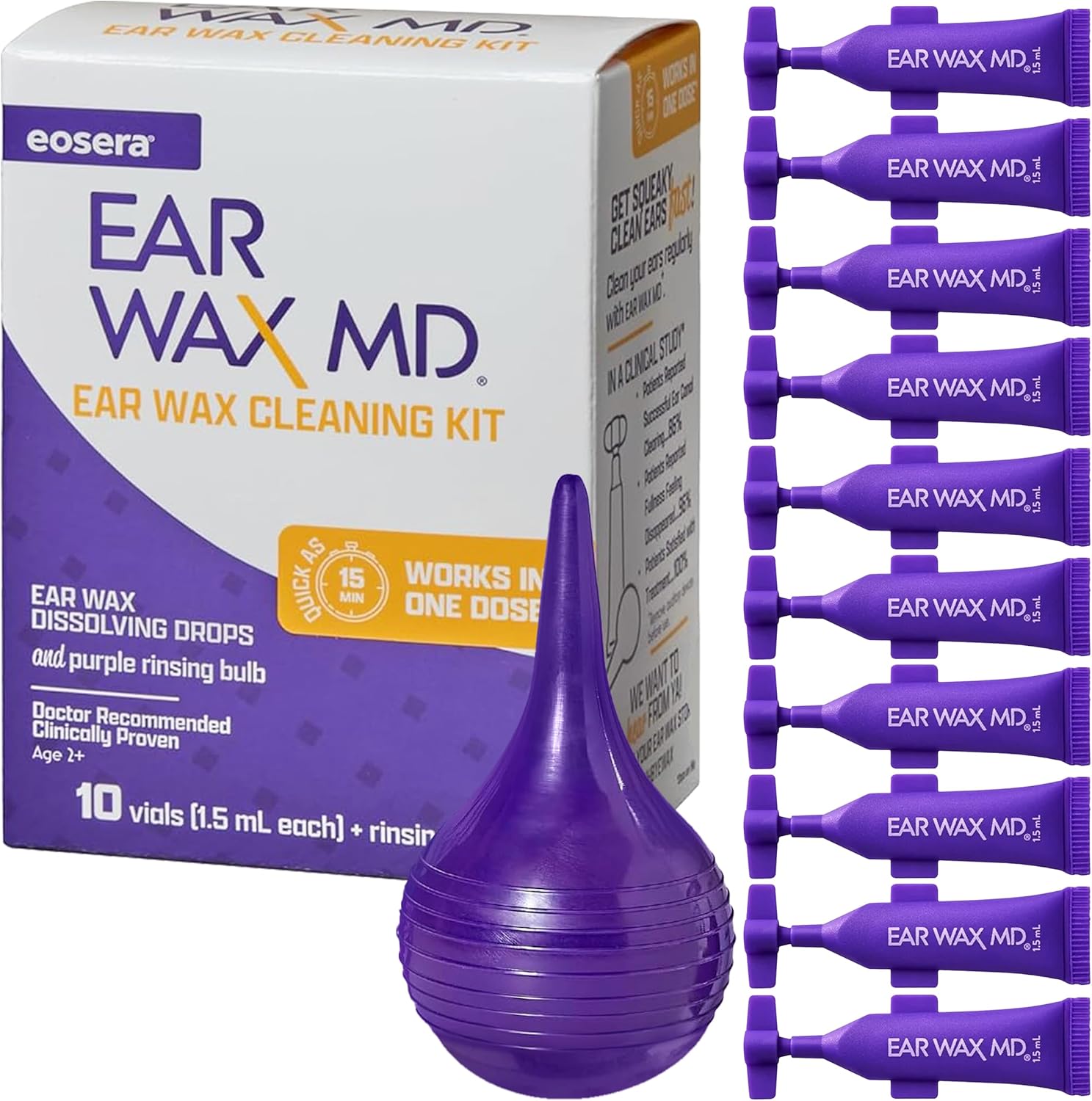 Eosera Ear Wax MD Cleaning Kit front view showing product box, treatment vials, and purple rinse bulb