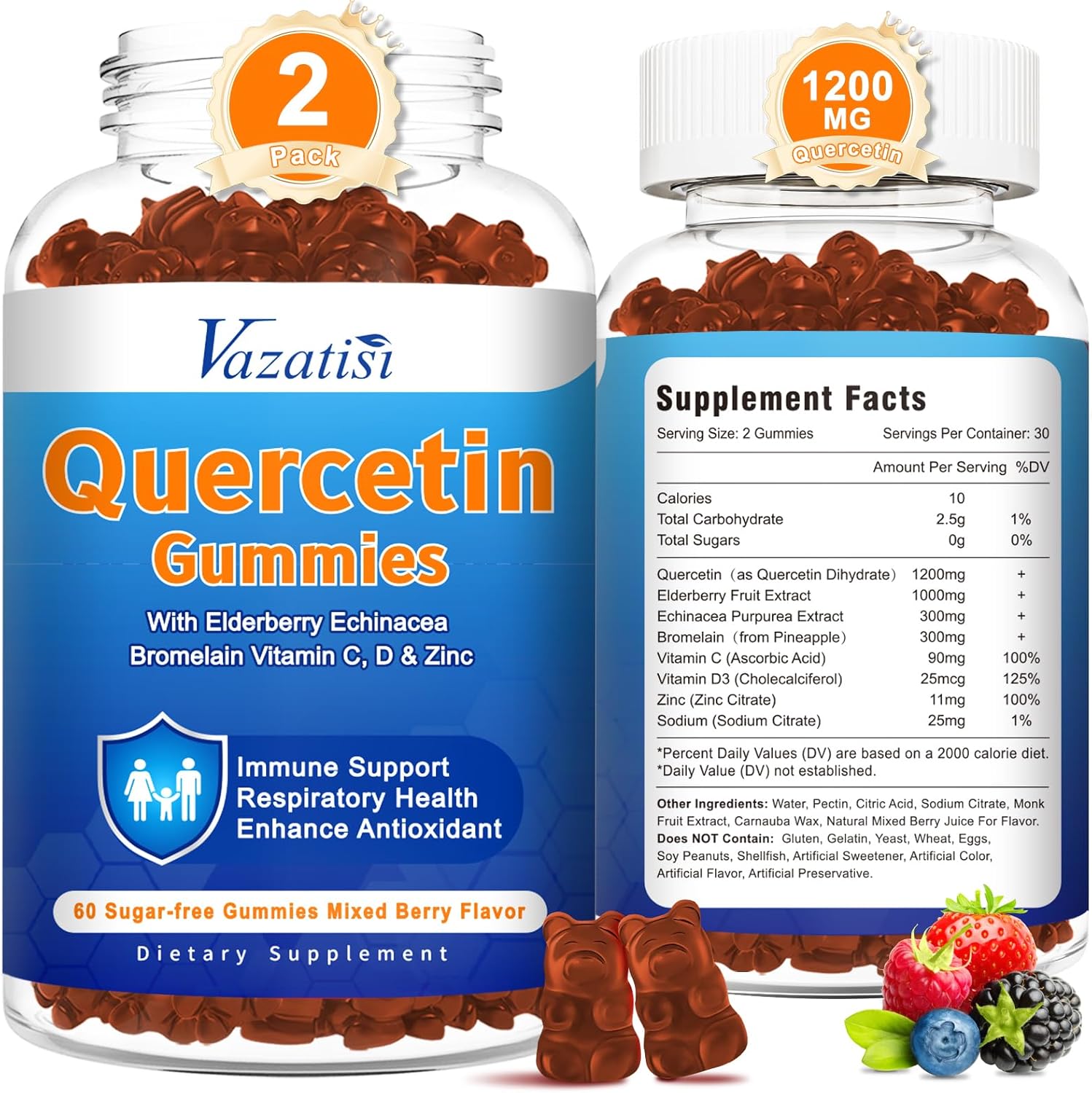 Vazatisi Quercetin with Bromelain Gummies front view of the two pack packaging for immune support.