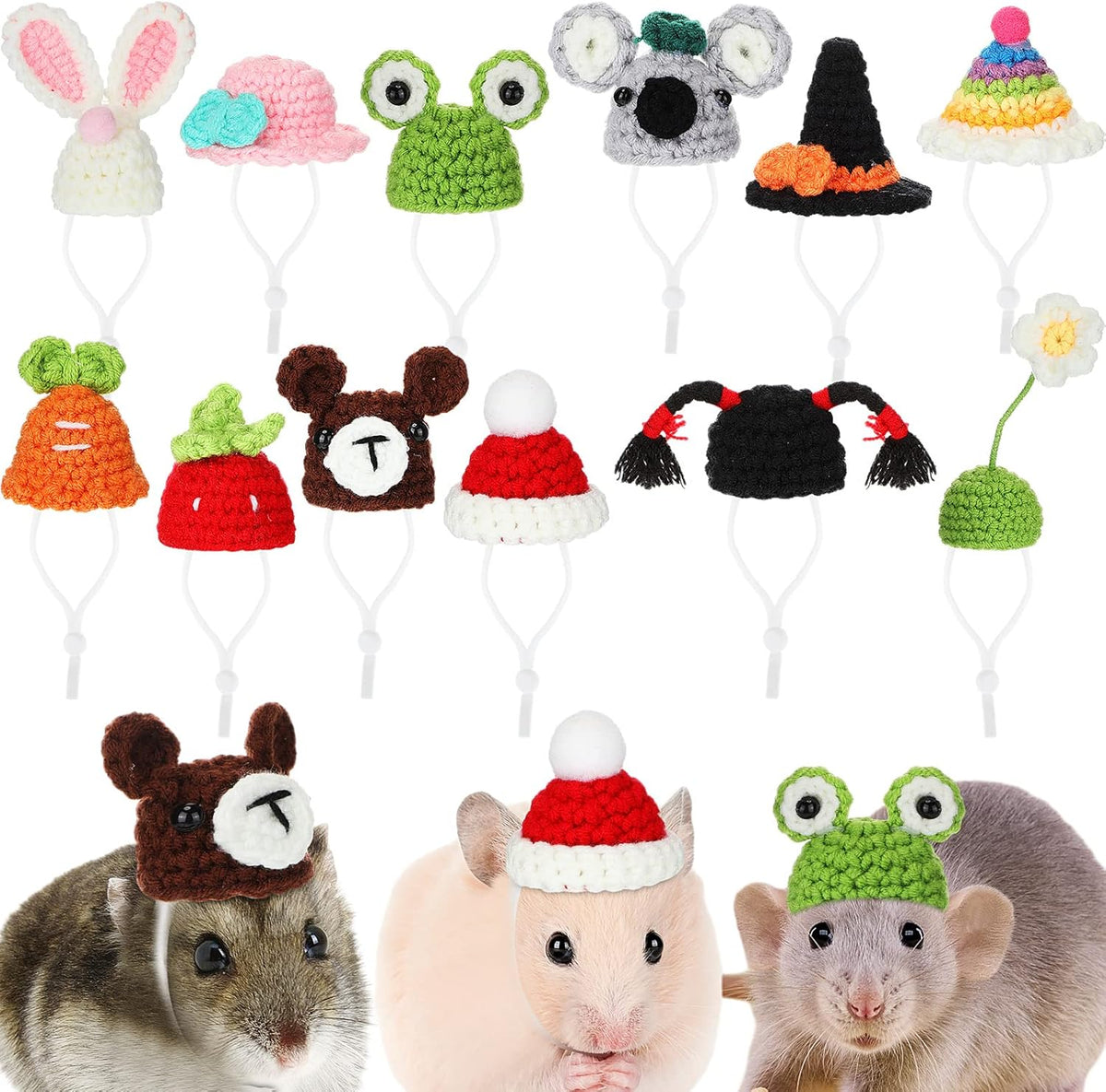 Silkfly mini hamster hat front view showcasing the full 12 piece crochet set.