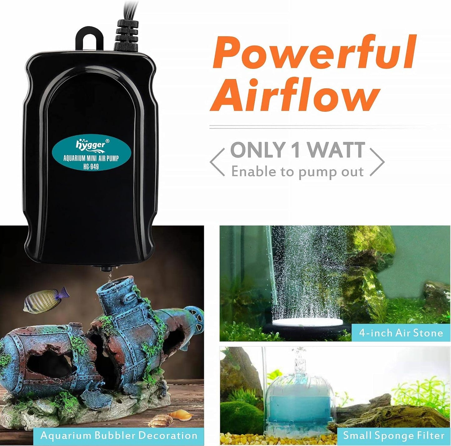 Hygger 1W fish tank air pump with included accessories