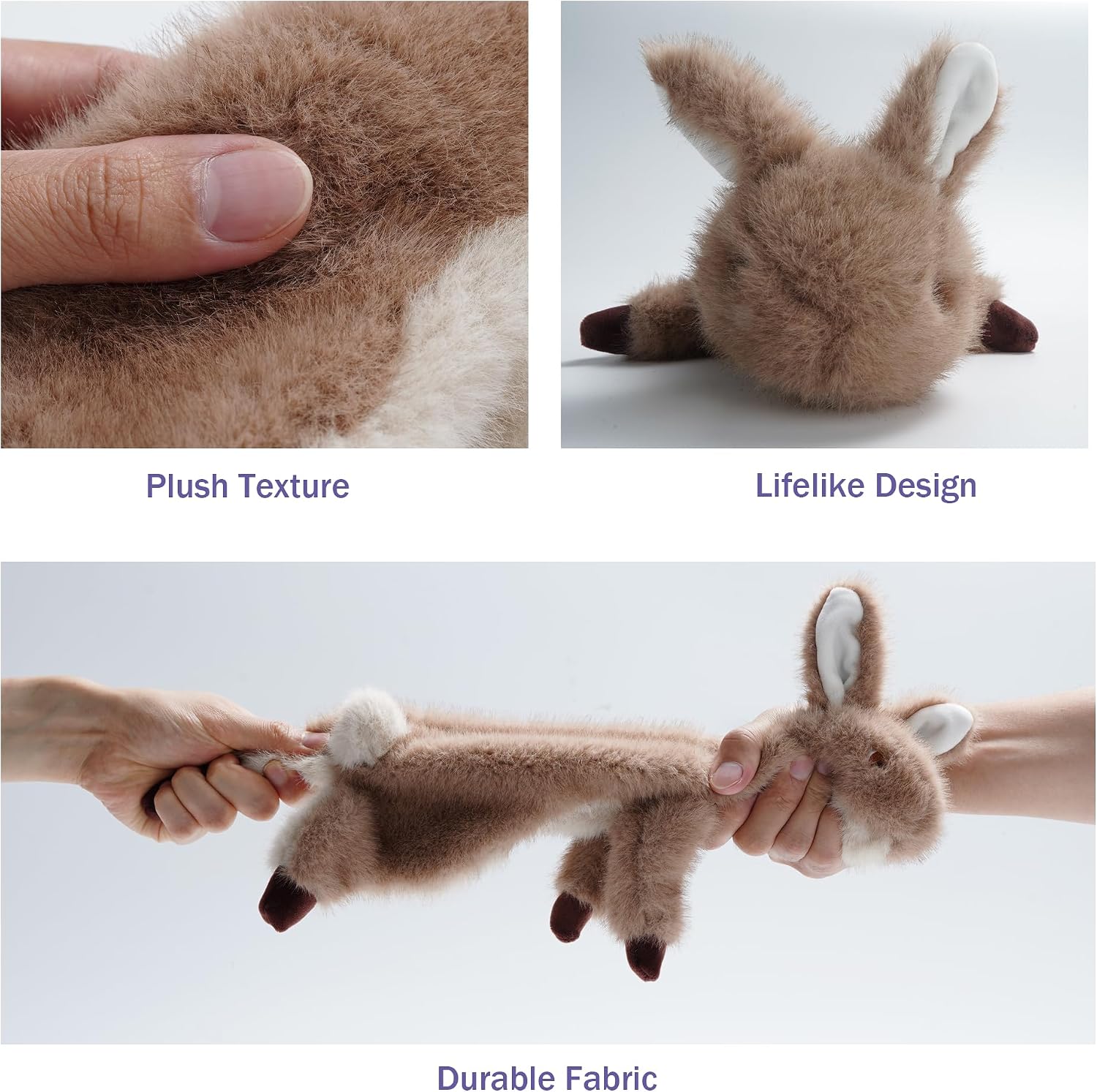Fuzzwoof rabbit dog toy showing durable triple stitched seams