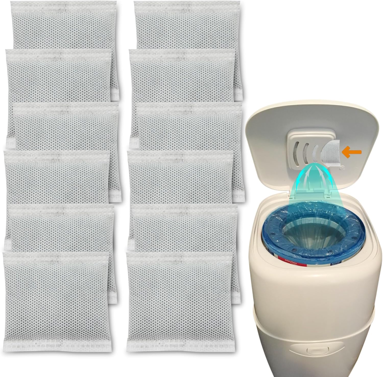 ShuRex diaper pail carbon filters twelve pack front view showing premium packaging.