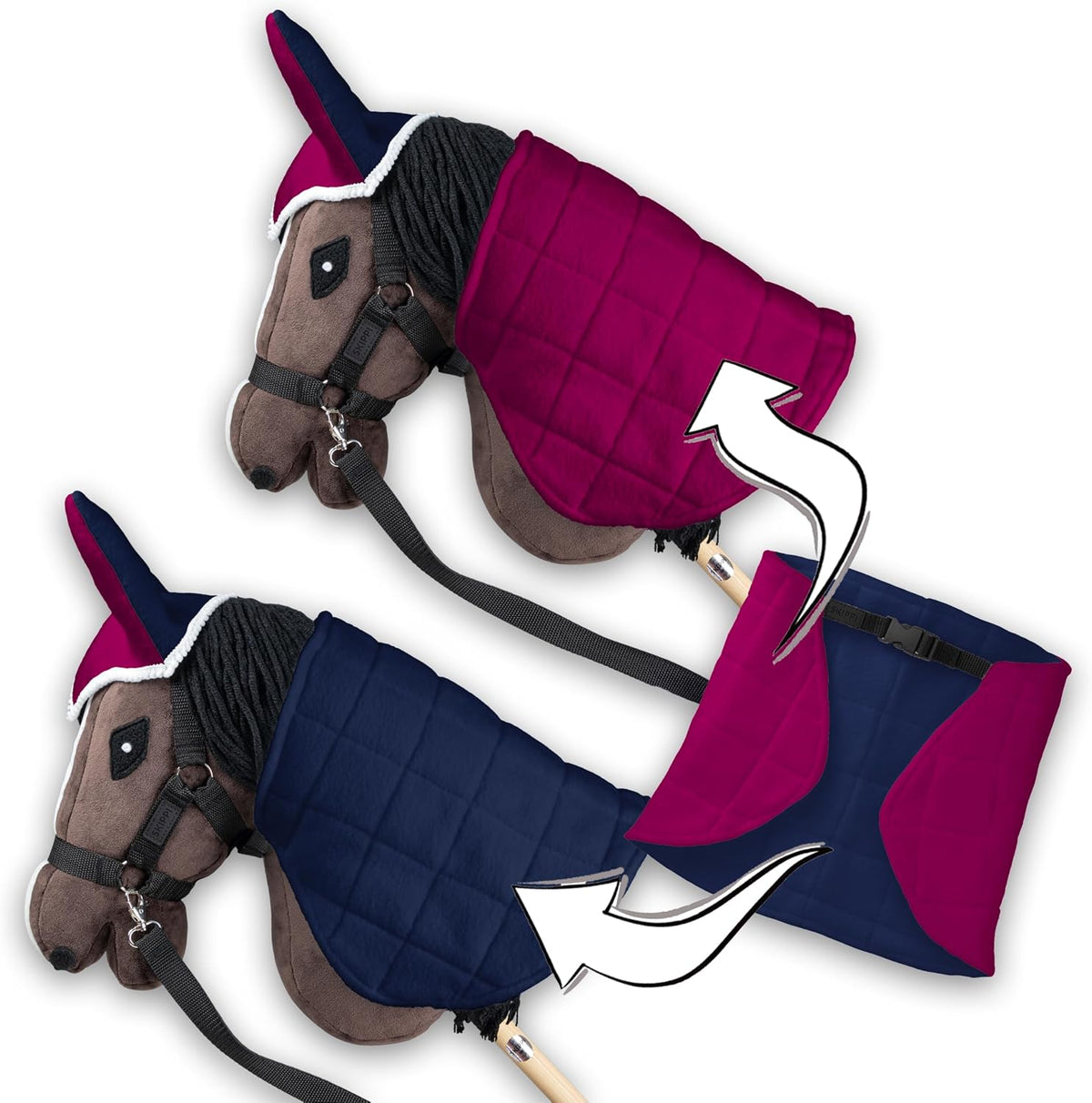 SKIPPI two tone fly hat ear bonnet close up view for stick horses.