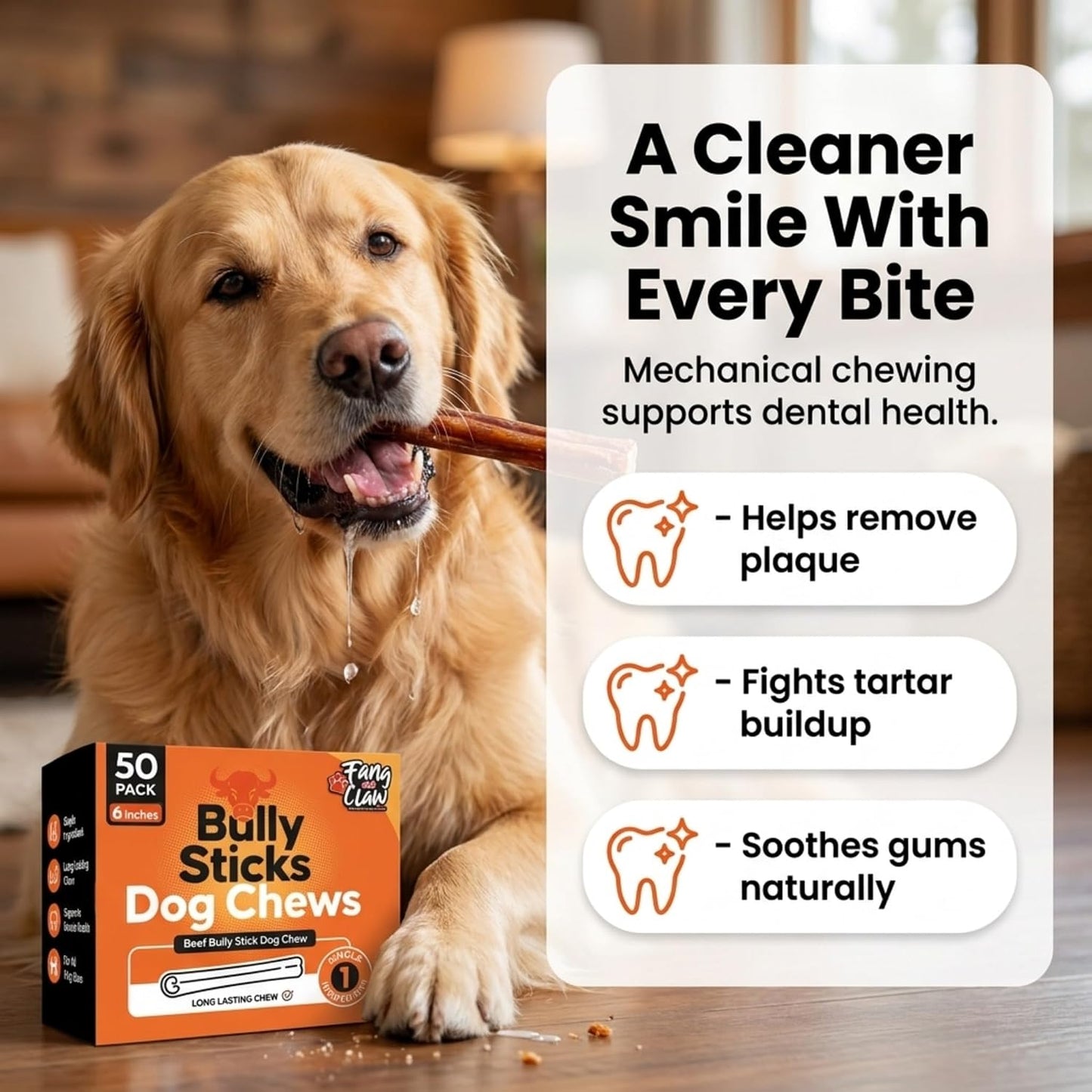 Natural long lasting dental chew sticks for medium and large dog breeds.