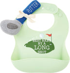 Mud Pie silicone baby golf bib set with golf putter rattle front view premium infant feeding gift