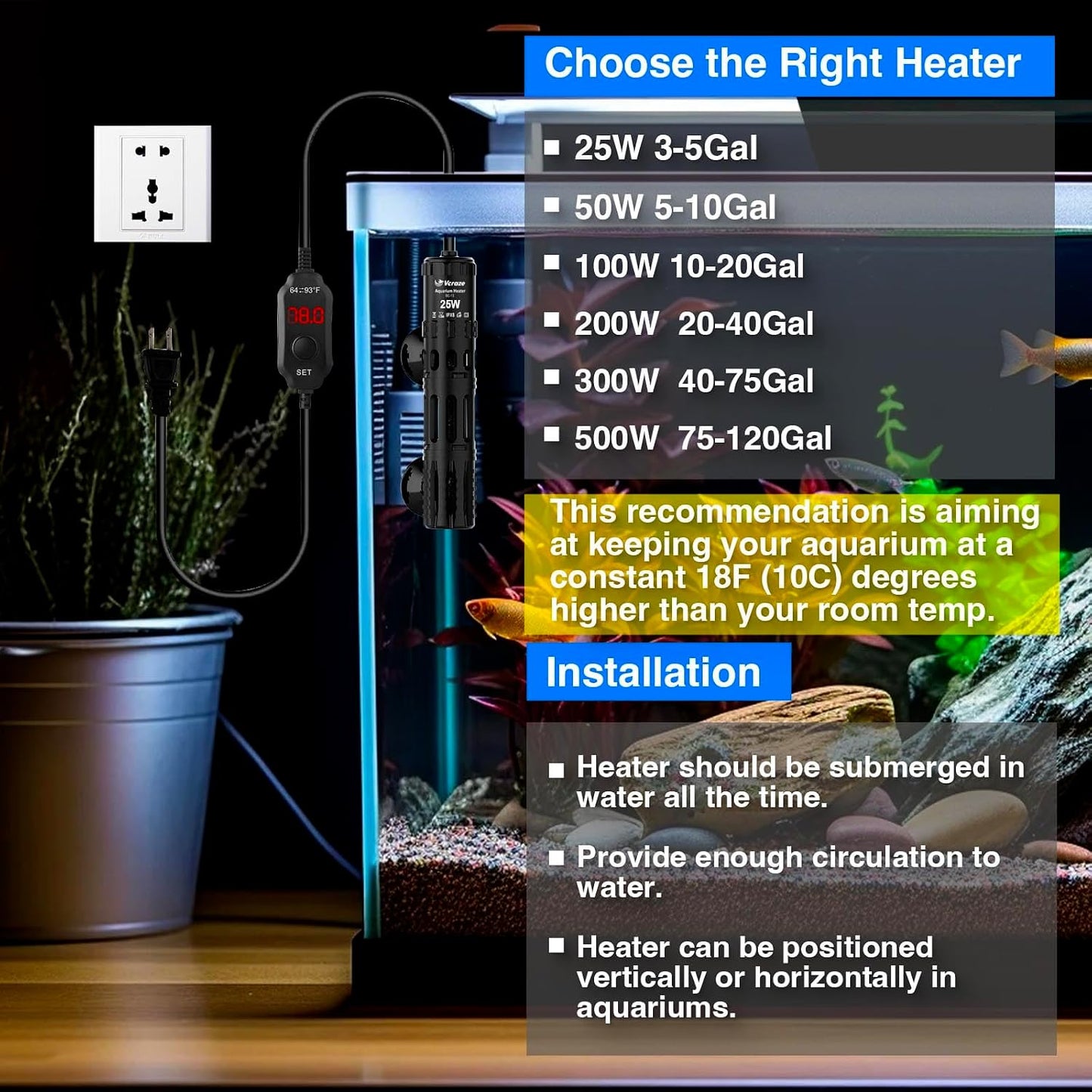 Vcraze aquarium heater submerged in a clear water setup