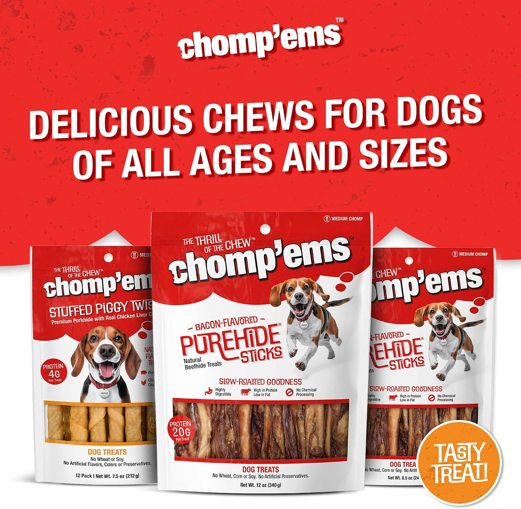 Detailed label view of Chomp'ems Purehide natural dog chews
