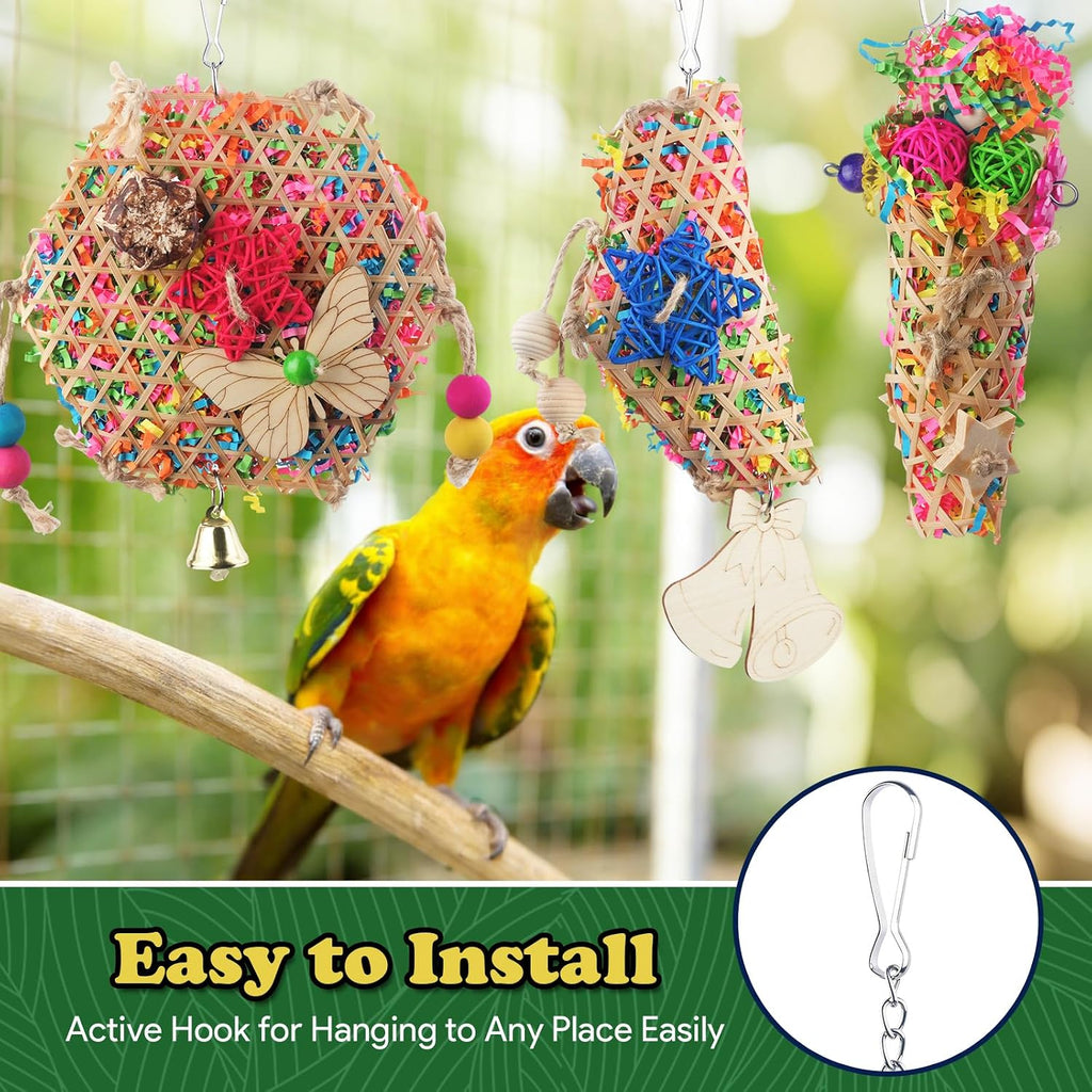 Side angle view of natural material bird foraging toy