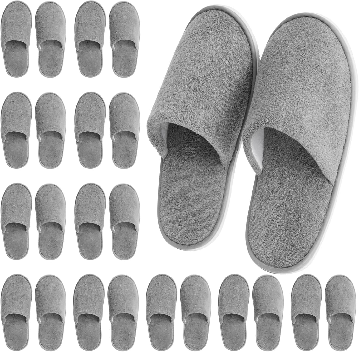 Juvale disposable guest slippers front view showcasing the soft gray coral fleece fabric closed toe design.