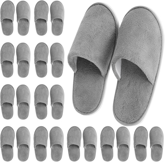 Juvale disposable guest slippers front view showcasing the soft gray coral fleece fabric closed toe design.