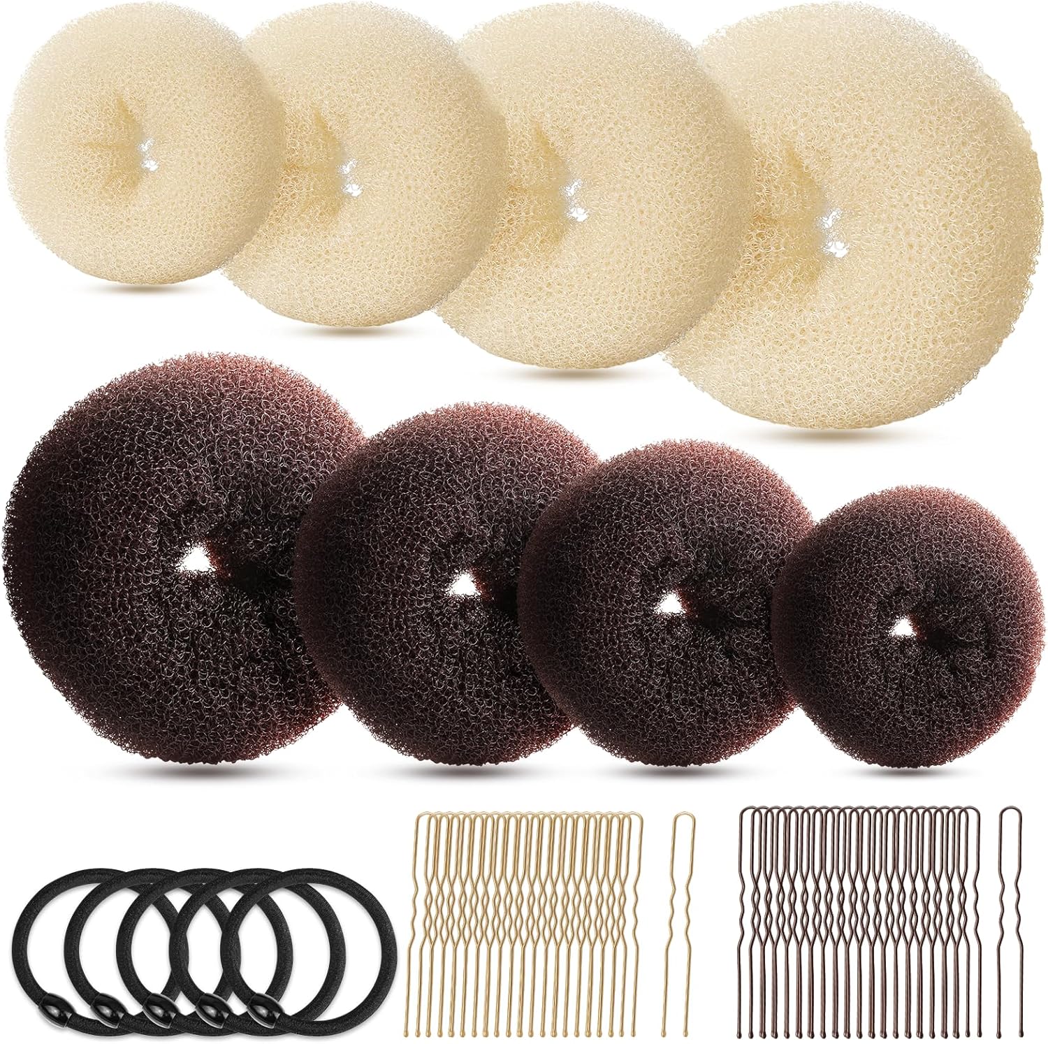 FANDAMEI Hair Bun Maker Set front view showing eight pieces of dark brown and beige donut shapers with styling accessories.
