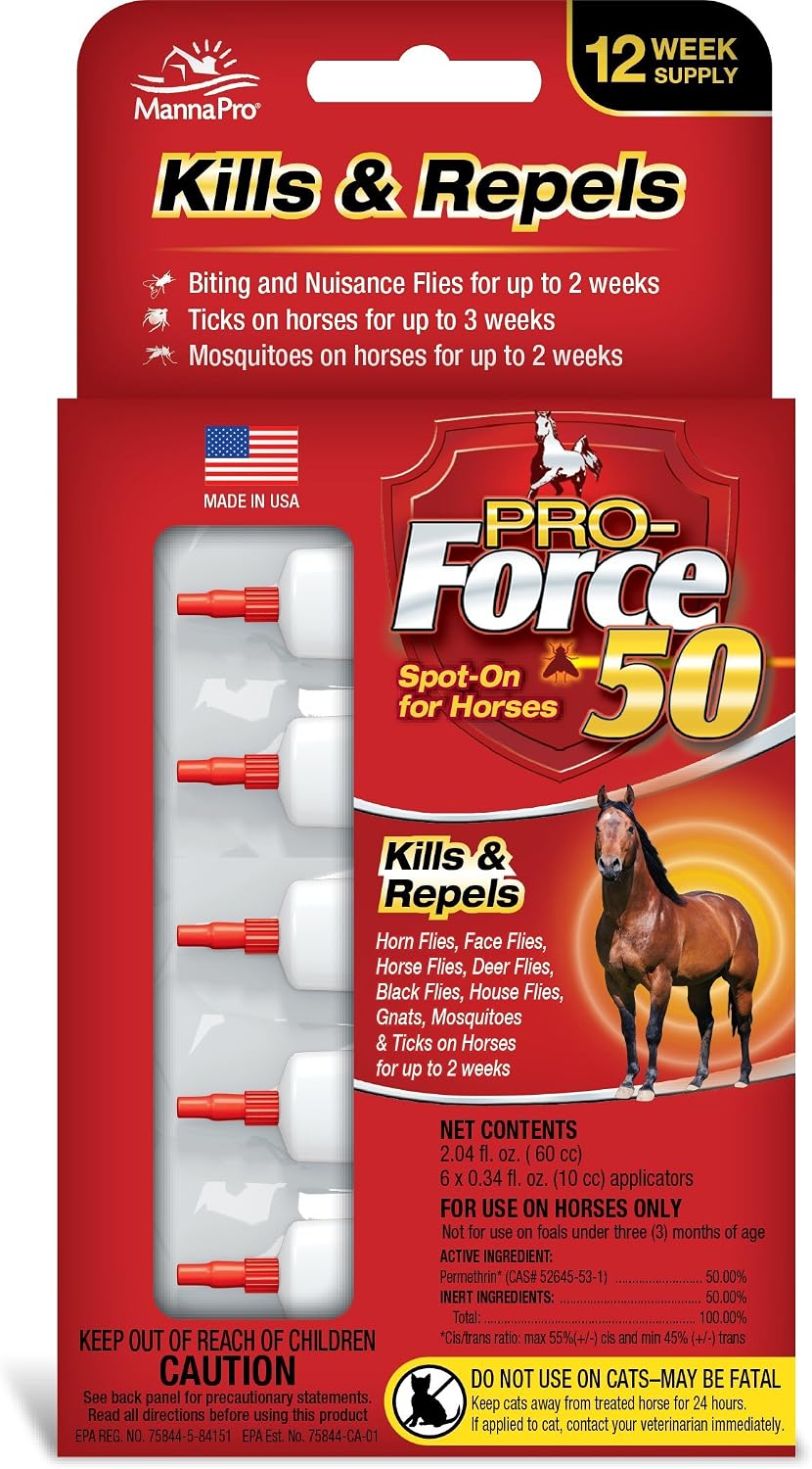 Manna Pro Pro-Force 50 Spot-On Fly Control for Horses front packaging view showing six applicator count