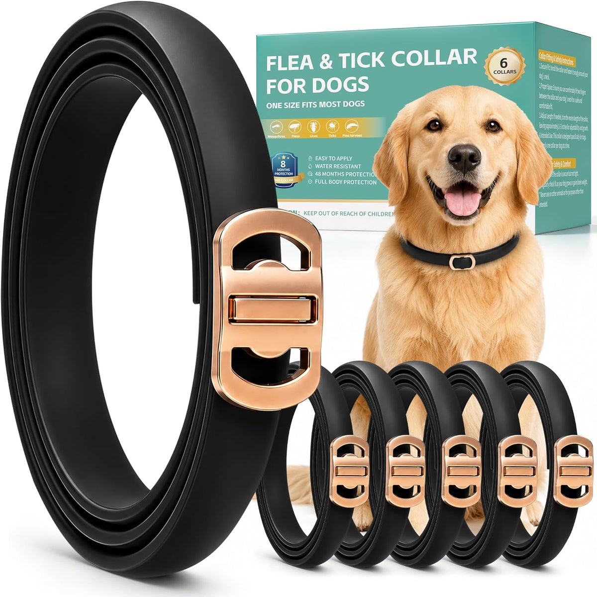Flea and Tick Collar for Dogs 6 Pack, Natural Flea & Tick Prevention with Essential Oils, Waterproof Adjustable Dog Collar for Small Medium Large Dogs, Black & Gold - Image 1