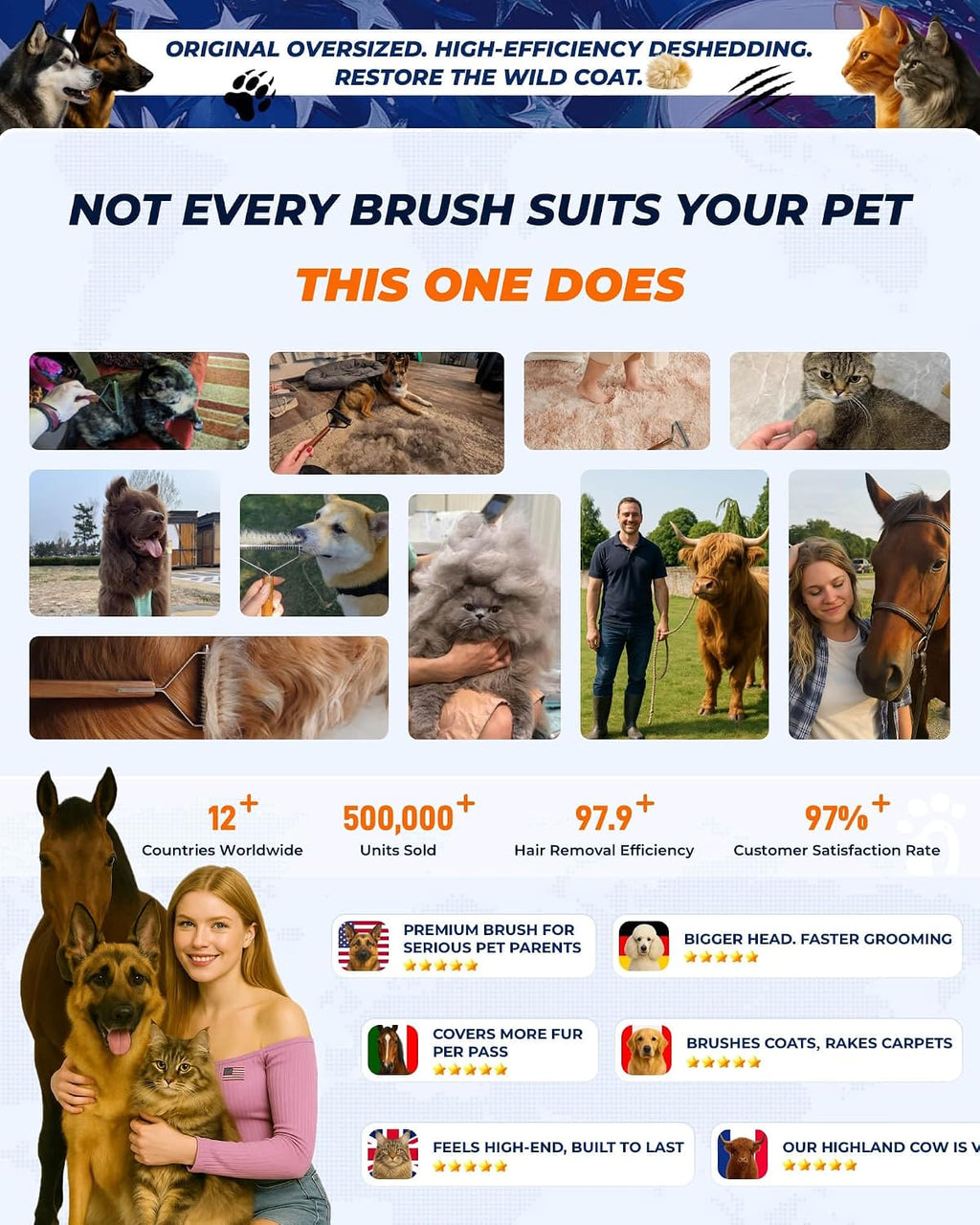 Professional grooming brush for long-haired cats and dogs