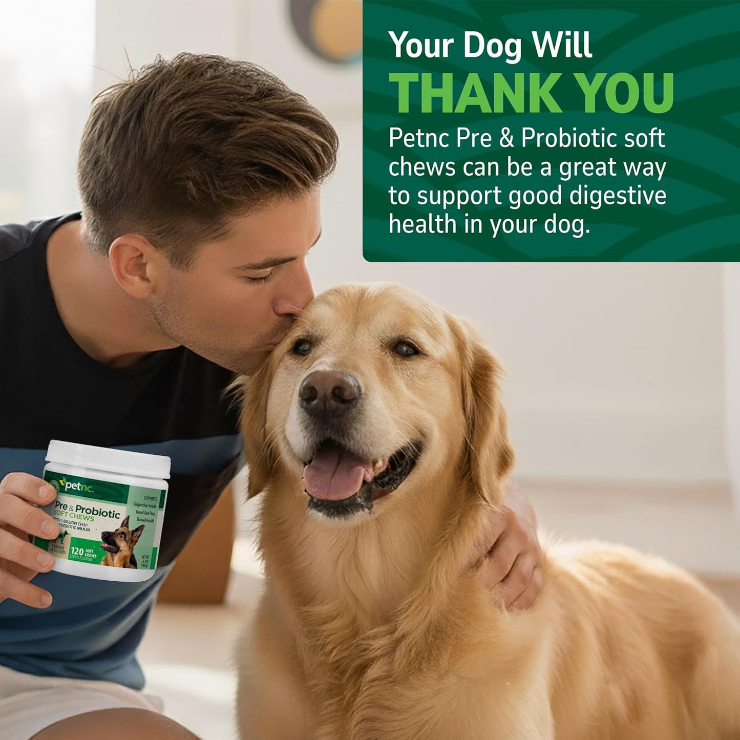Veterinarian formulated probiotic chews for dogs showing chewable texture.