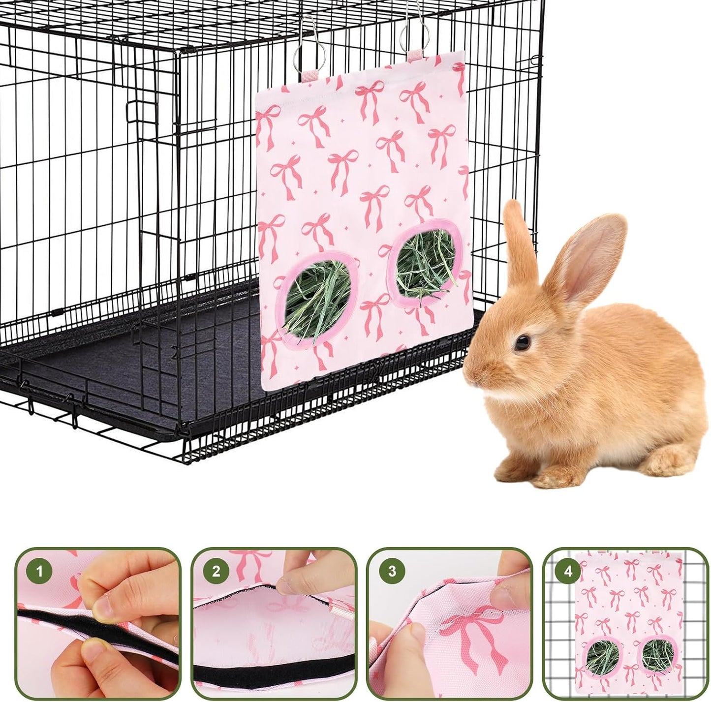 JarThenaAMCS 2Pcs Rabbit Hay Feeder Bag with 2 Holes Pink Bow Guinea Pig Hanging Hay Feeding Bag Storage Dispenser for Chinchilla Hamster Bunny Small Animal Pet - Image 7
