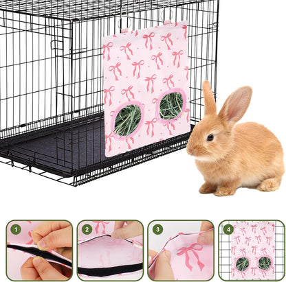 JarThenaAMCS 2Pcs Rabbit Hay Feeder Bag with 2 Holes Pink Bow Guinea Pig Hanging Hay Feeding Bag Storage Dispenser for Chinchilla Hamster Bunny Small Animal Pet - Image 7
