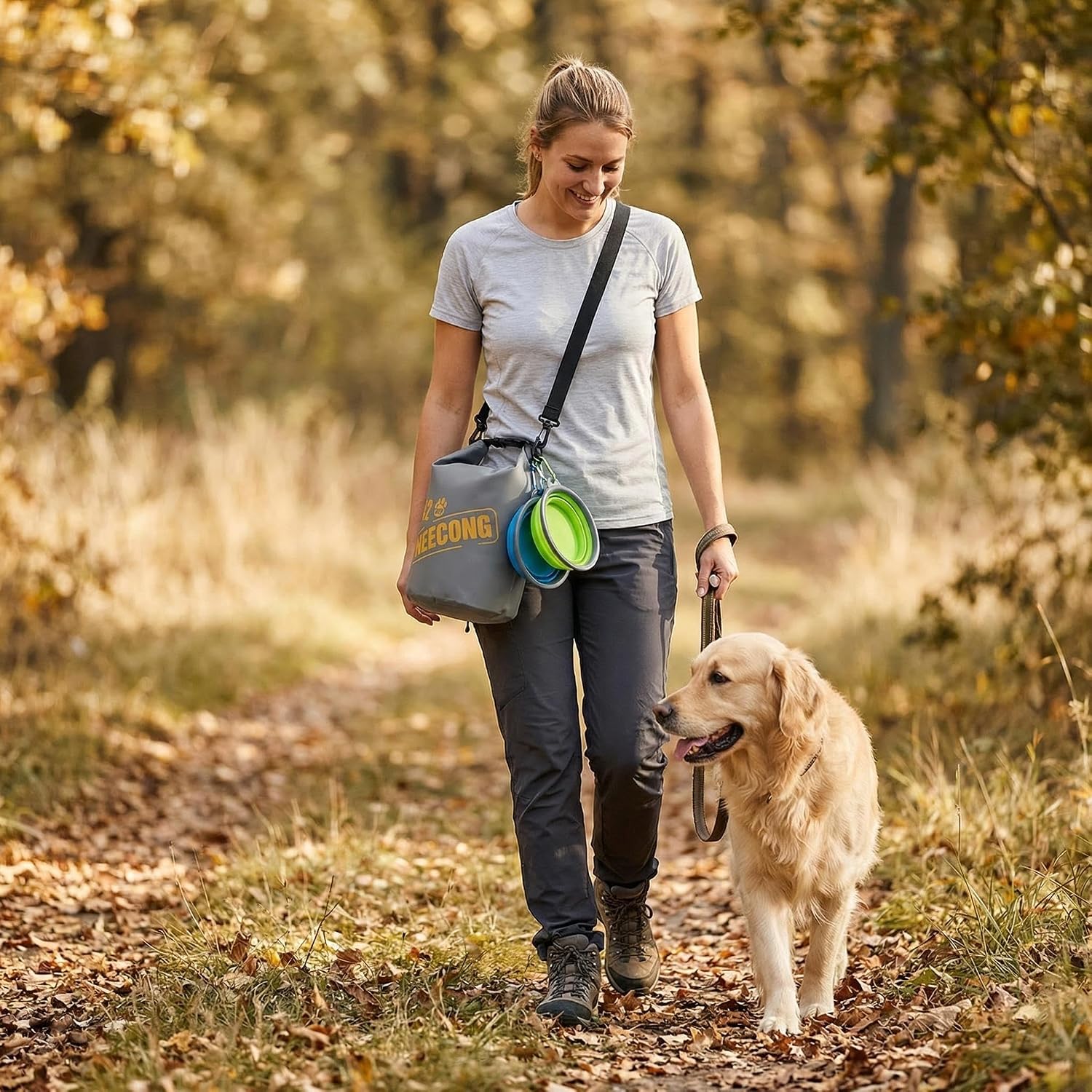 Collapsible silicone pet bowls folded completely flat next to the NEECONG storage bag