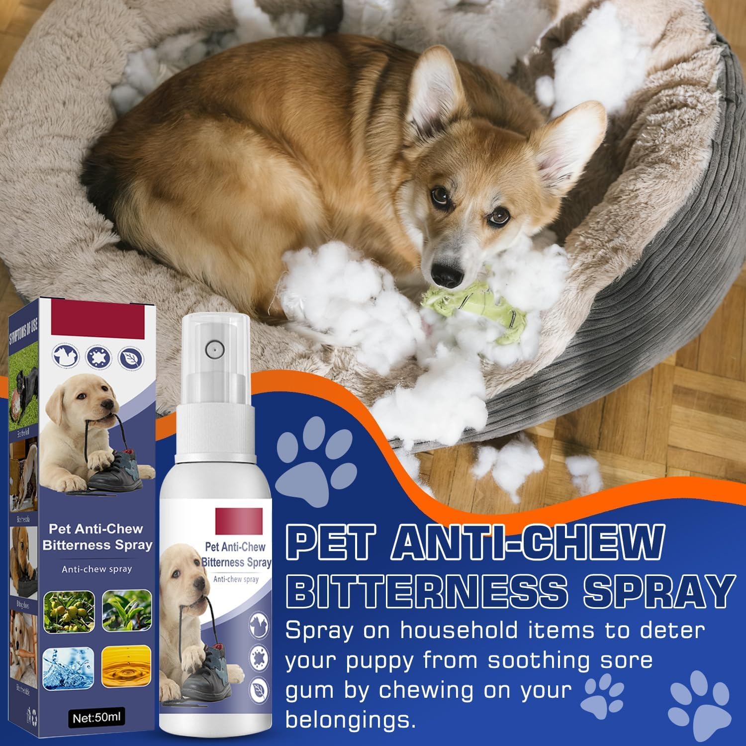 Pet owner applying bitter spray to stop dog chewing