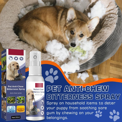 Pet owner applying bitter spray to stop dog chewing