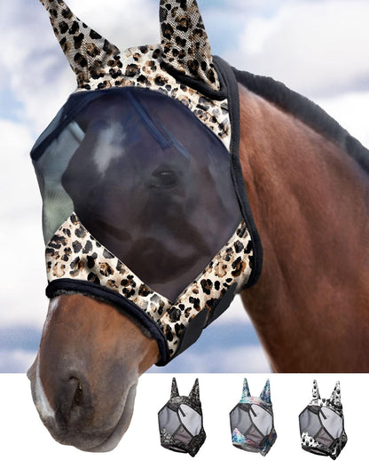 Rear view of horse fly mask showing fit on equine head