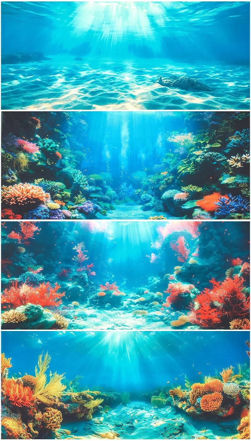 Mindsoft 4 Pack Aquarium Background Polyester 30 x 18 Inch Cloth Fish Tank Background Undersea Corals Sunshines Rock Aquatic Plants Wallpaper with Double-Sided Tape - Image 10