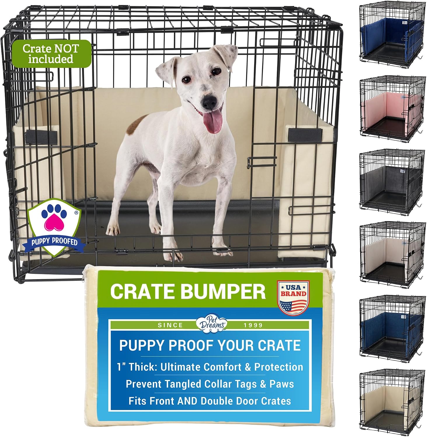 Pet Dreams dog crate bumper in khaki color front view