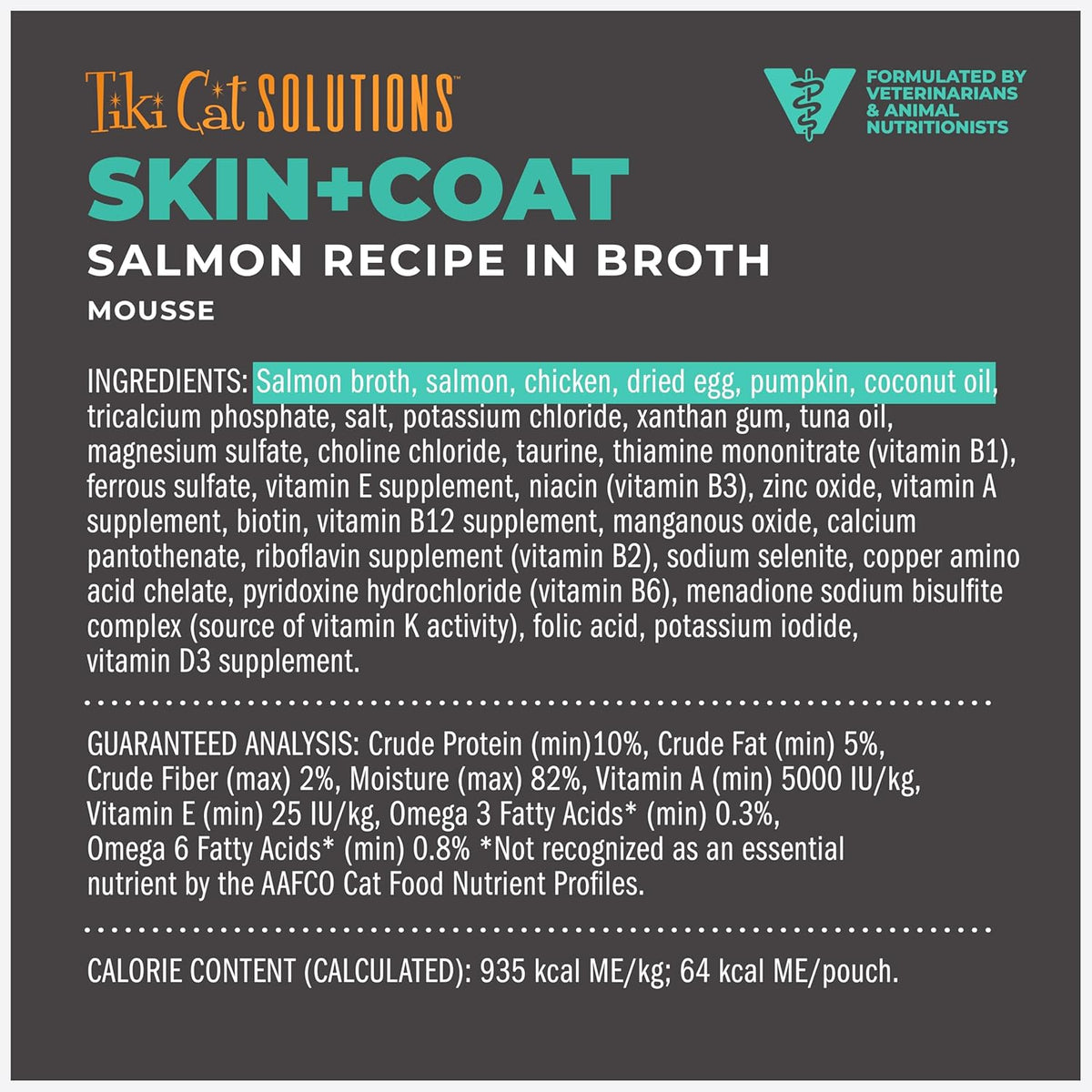 Nutritional information and ingredient details printed on back of cat food pouch