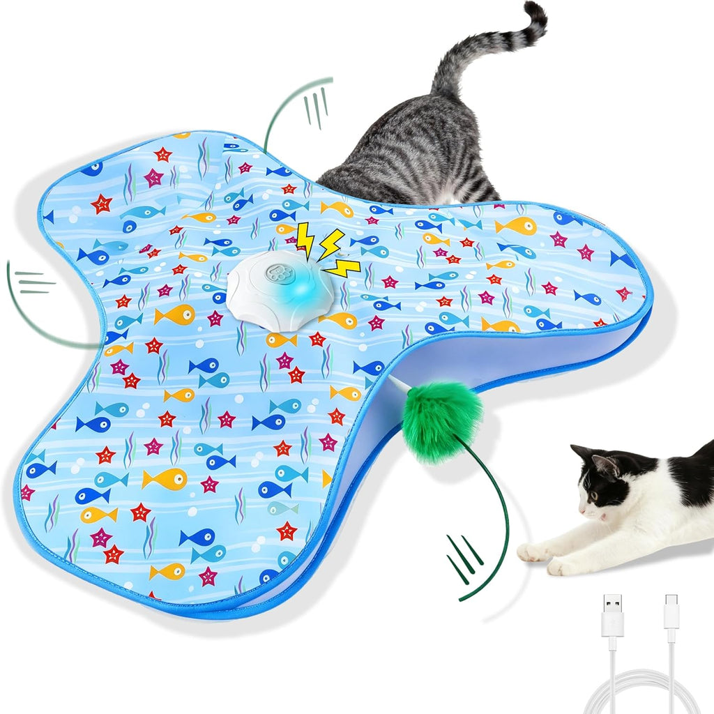 Orhomelife interactive cat toy front view showcasing the blue patterned fabric cover.