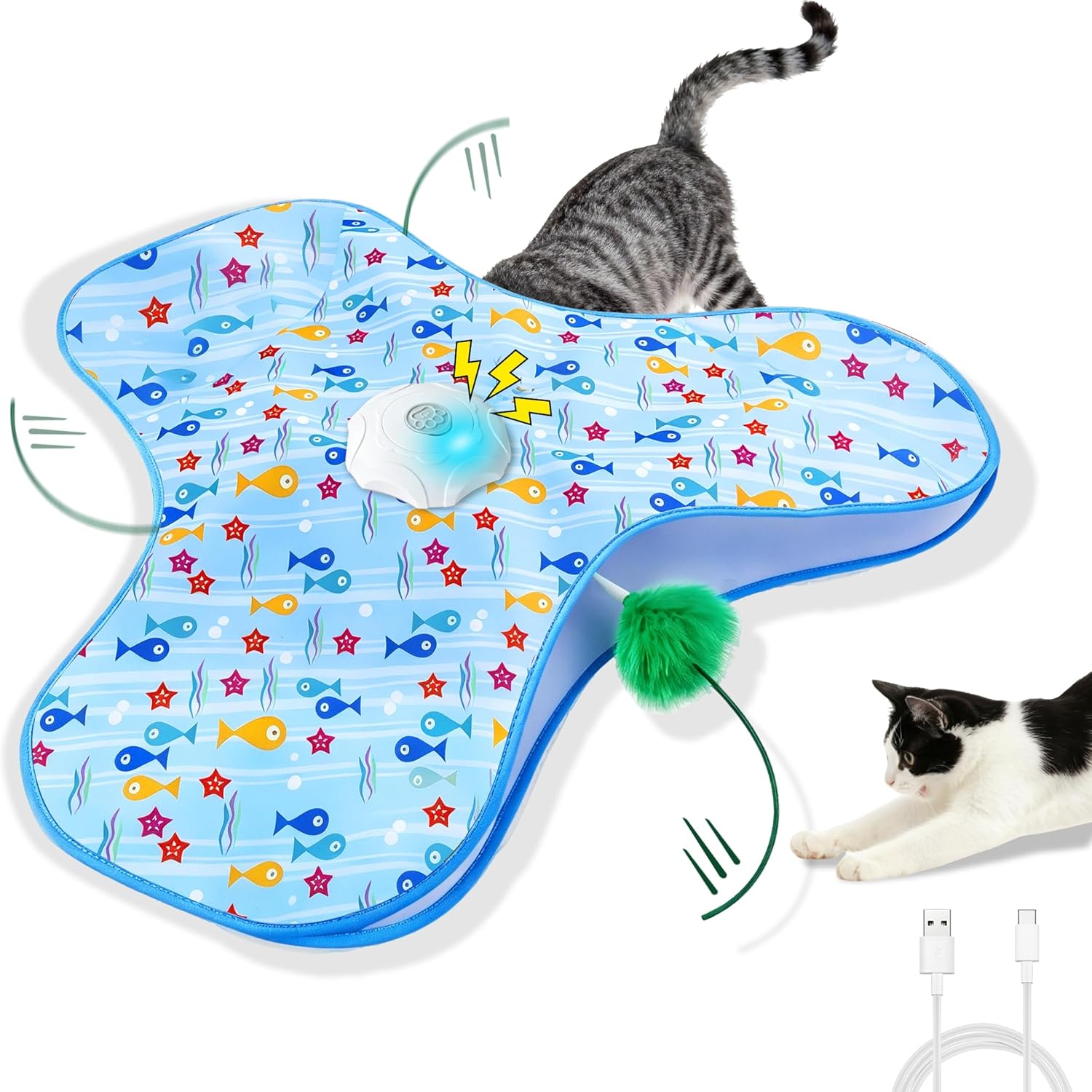 Orhomelife interactive cat toy front view showcasing the blue patterned fabric cover.