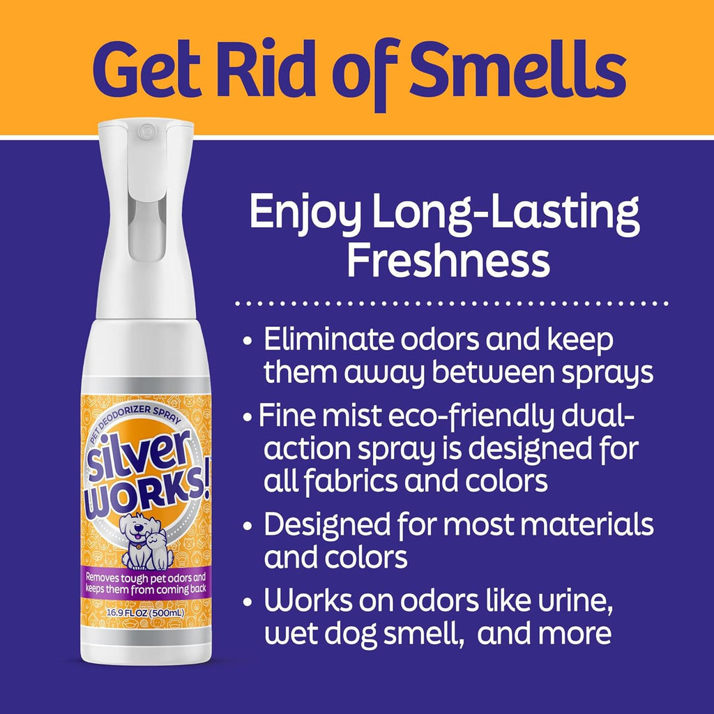 SilverWorks! Pet Odor Eliminator Spray For Home - Safe, Natural, Silver Ion Deodorizer - Cat, Dog Smell And Urine Odor Eliminator For Carpet, Furniture And Litter -16.9oz - Image 2