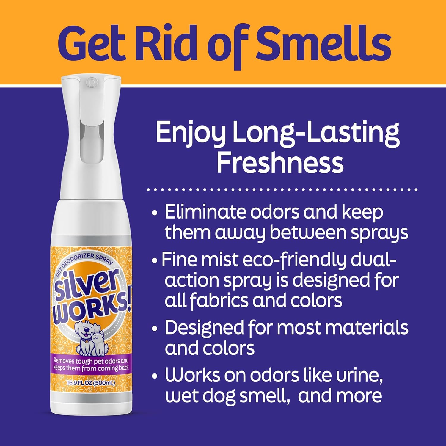 SilverWorks! Pet Odor Eliminator Spray For Home - Safe, Natural, Silver Ion Deodorizer - Cat, Dog Smell And Urine Odor Eliminator For Carpet, Furniture And Litter -16.9oz - Image 2