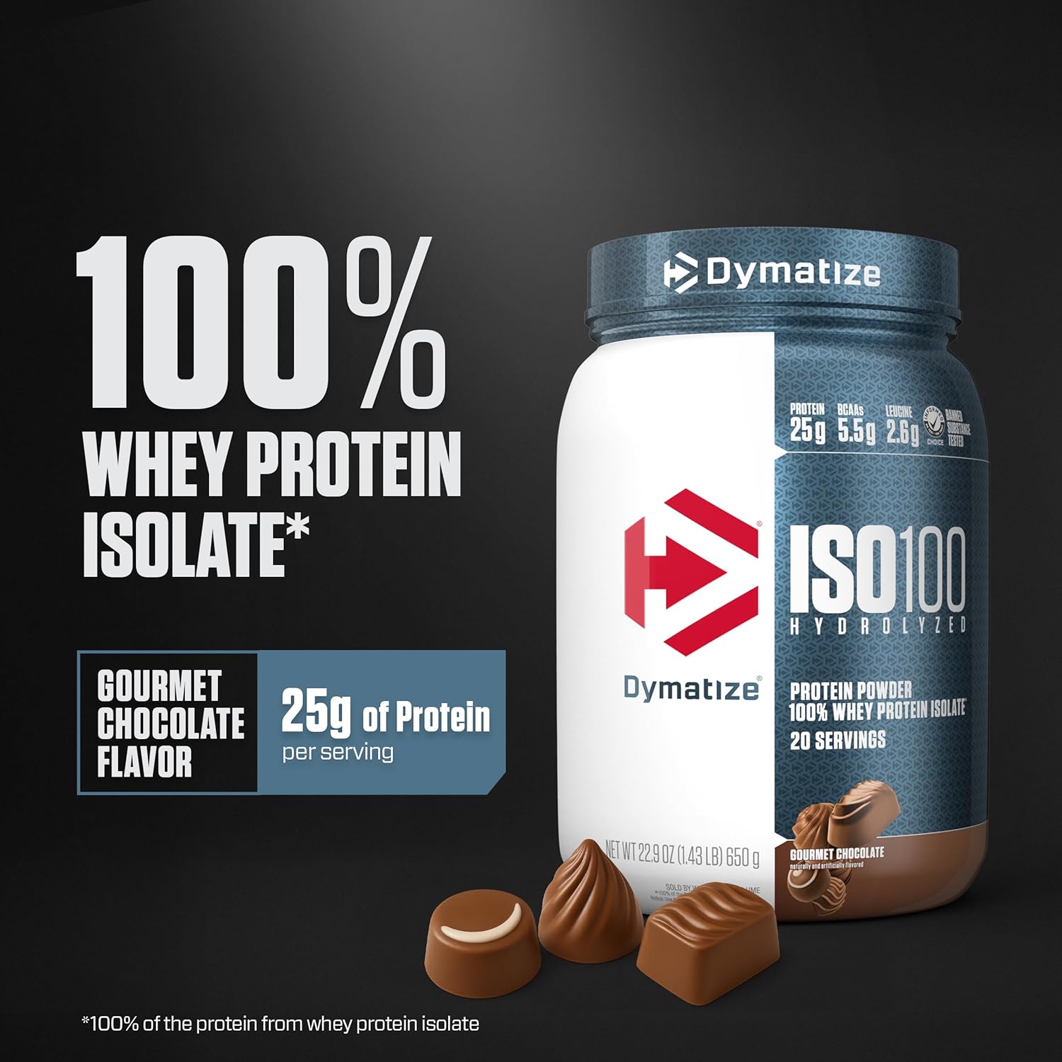 Dymatize Nutrition ISO100 Gourmet Chocolate powder tub displaying the twenty servings label for fitness nutrition.