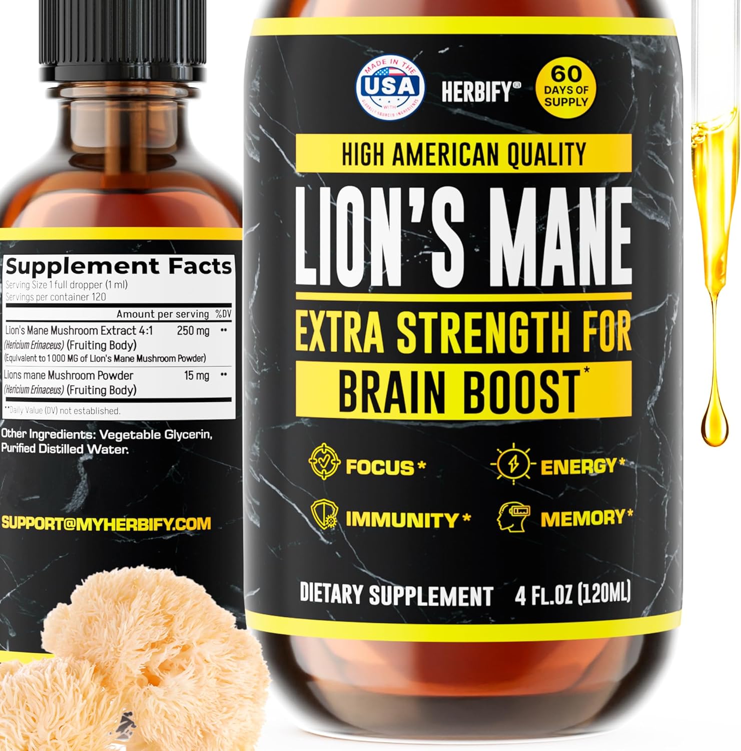 Herbify Organic Lions Mane Mushroom Liquid Extract 120ml front bottle view for memory and focus.