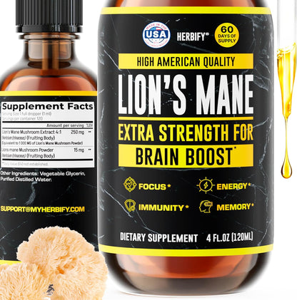 Herbify Organic Lions Mane Mushroom Liquid Extract 120ml front bottle view for memory and focus.