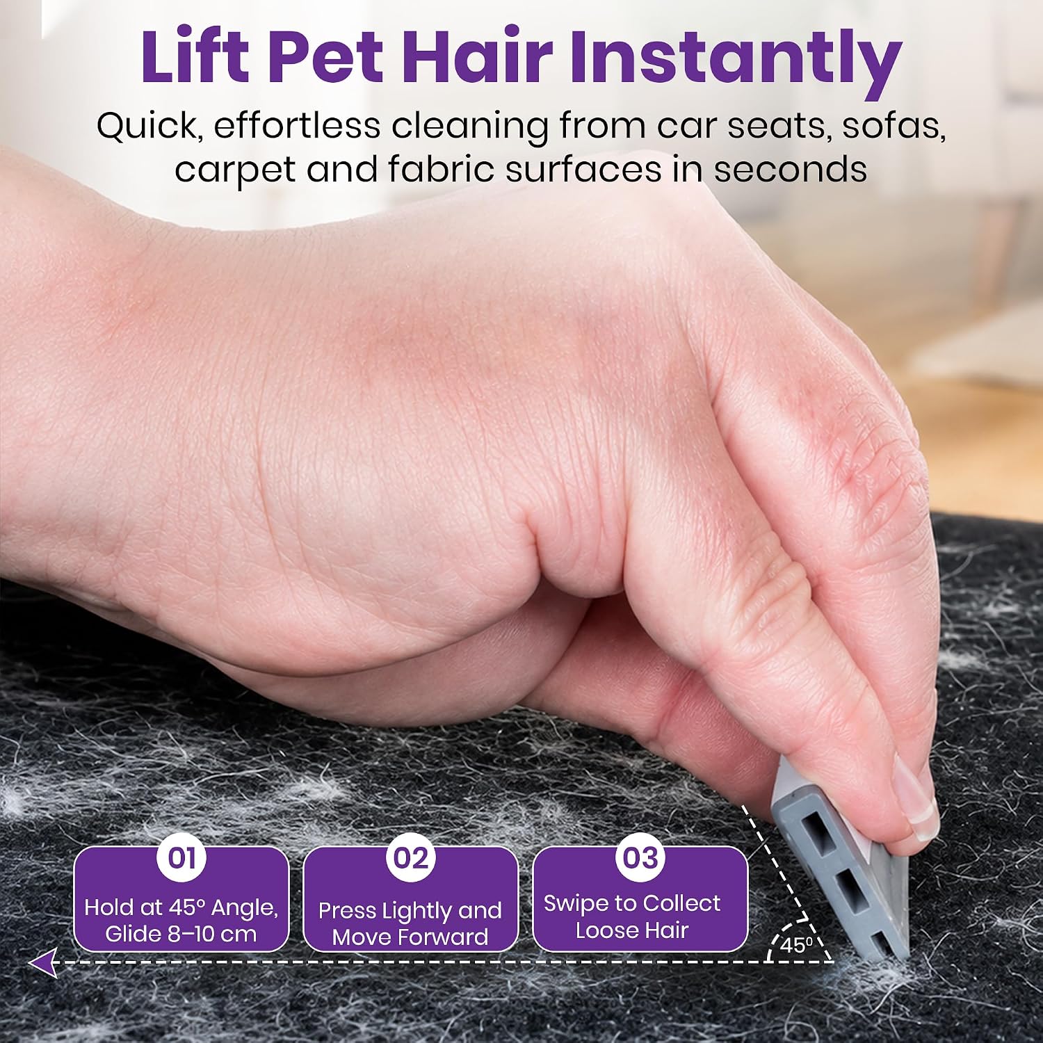 Handheld Furviking pet hair removal tool on carpet
