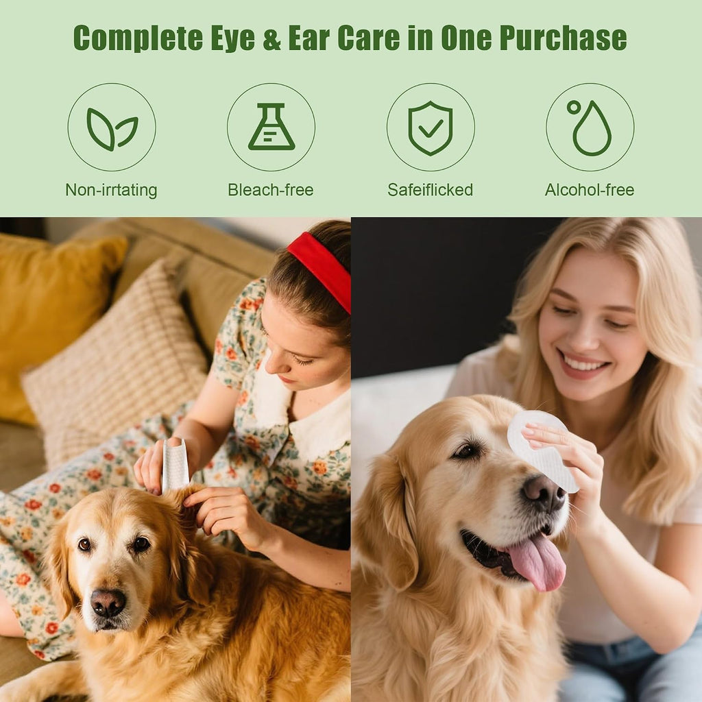 DOGBAR pet tear stain remover sheets and finger ear cleaning sleeves displayed together