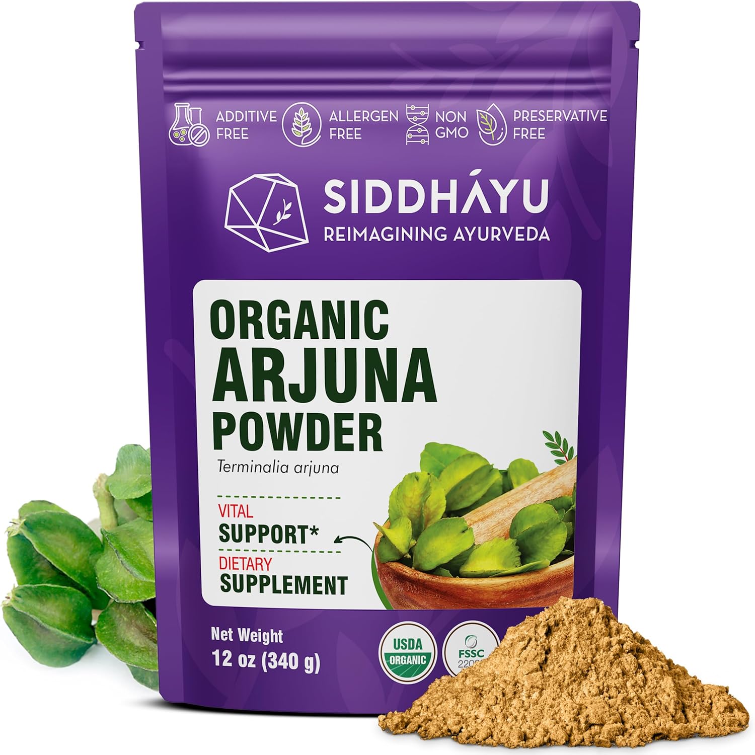 Siddhayu Organic Arjuna Powder twelve ounce front view packaging for heart health