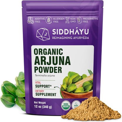 Siddhayu Organic Arjuna Powder twelve ounce front view packaging for heart health