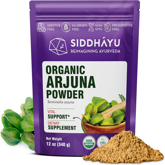 Siddhayu Organic Arjuna Powder twelve ounce front view packaging for heart health