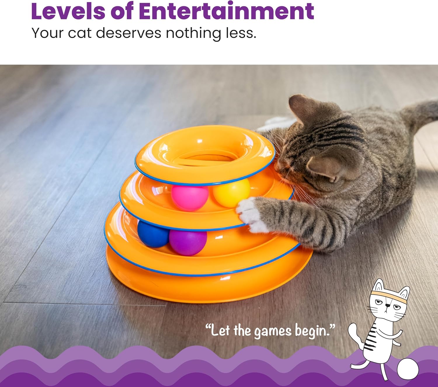 Catstages 3 tier cat track toy with six colorful spinning balls