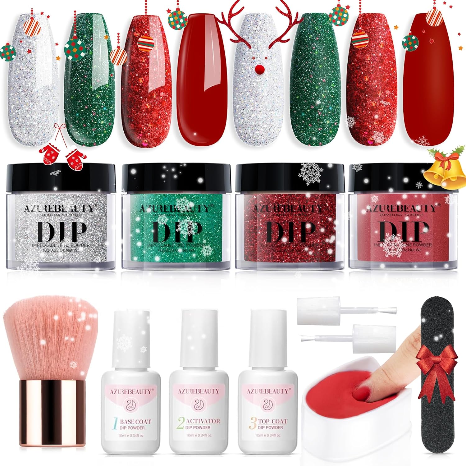 AZUREBEAUTY Christmas Dip Powder Nail Kit front view showcasing the holiday-themed packaging and product lineup.