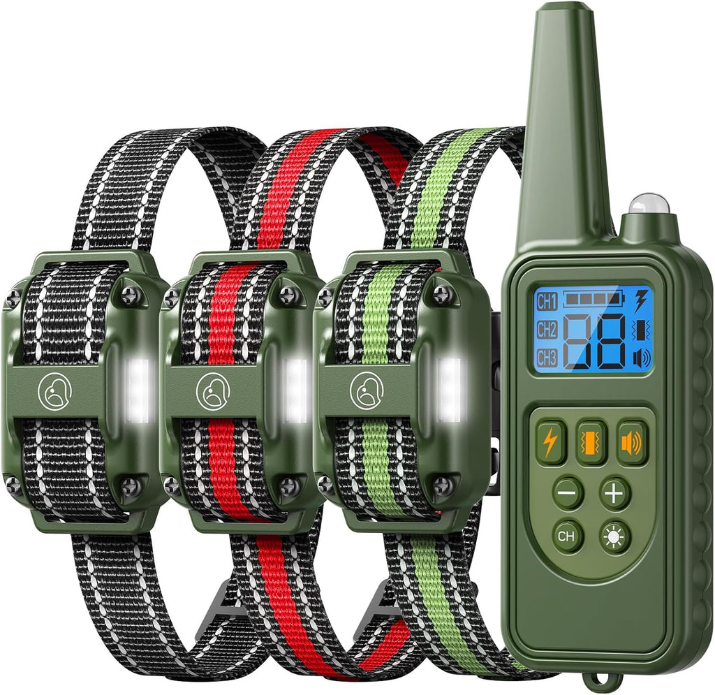 Heaflex dog training collar with remote front view showing the handheld transmitter and three receiver collars.
