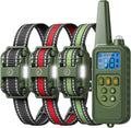 Heaflex dog training collar with remote front view showing the handheld transmitter and three receiver collars.