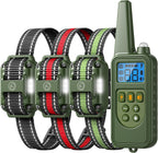 Heaflex dog training collar with remote front view showing the handheld transmitter and three receiver collars.