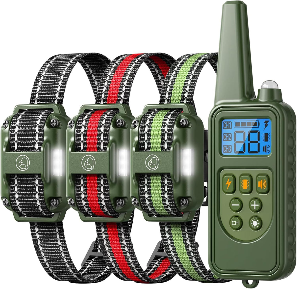 Heaflex dog training collar with remote front view showing the handheld transmitter and three receiver collars.